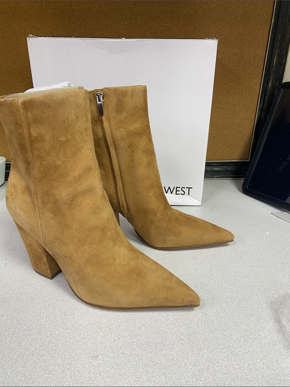 Nine West Cognac Suede Pointed Toe Ankle Booties